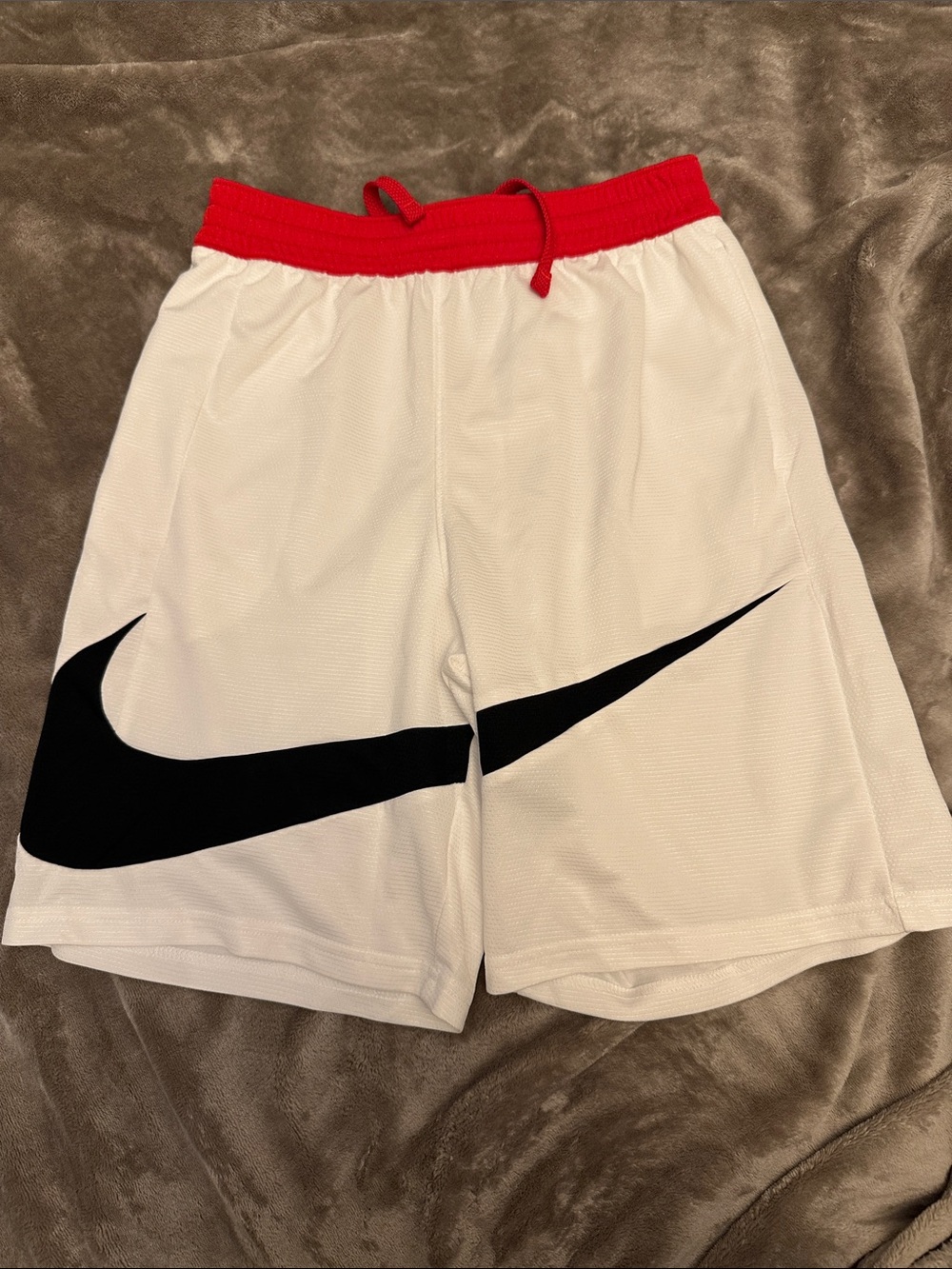 Nike White Shorts with Red Waistband and Black Swoosh